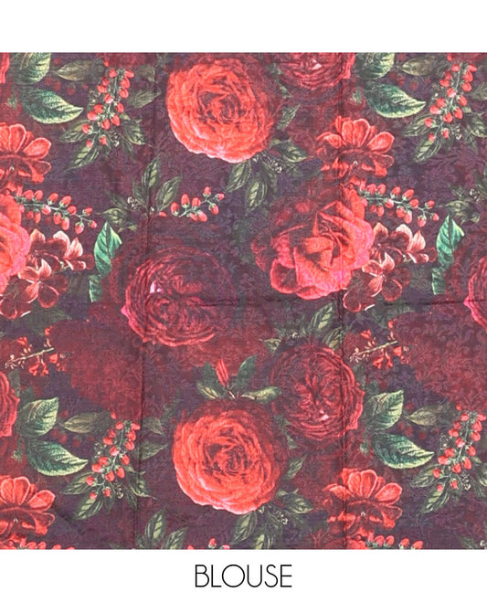 Borderless red kamala silk saree with floral printed blouse