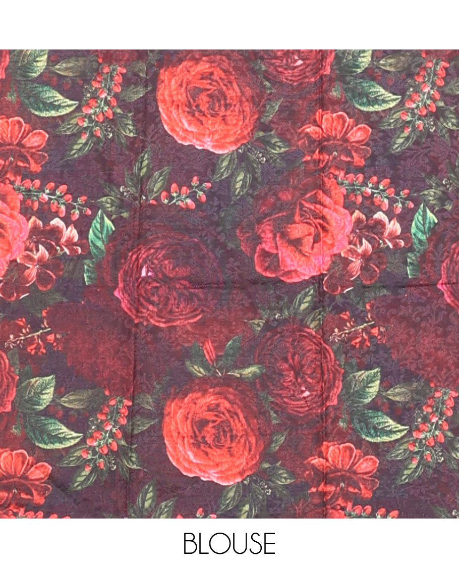 Borderless red kamala silk saree with floral printed blouse