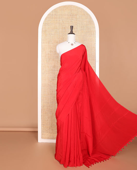 Borderless red kamala silk saree with floral printed blouse