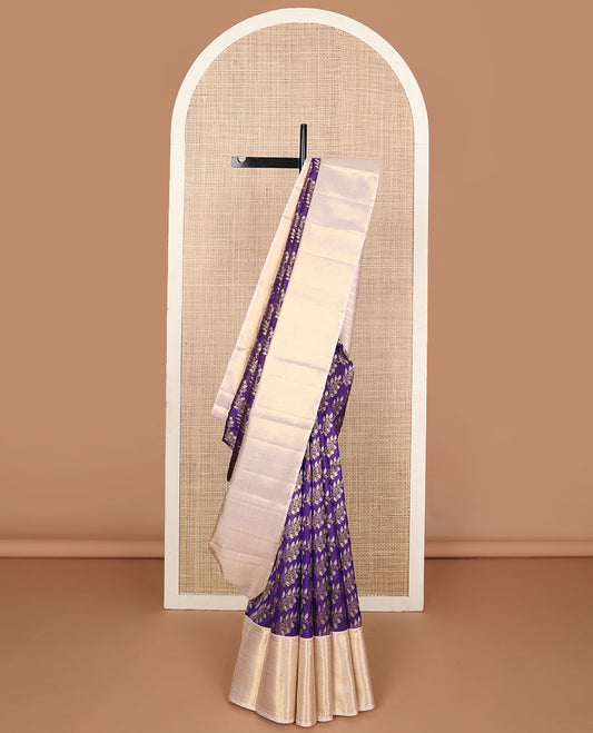 Violet floral jacquard silk saree, contrast diagonal floral striped pallu & zari border of rekku, muthu & jaal design