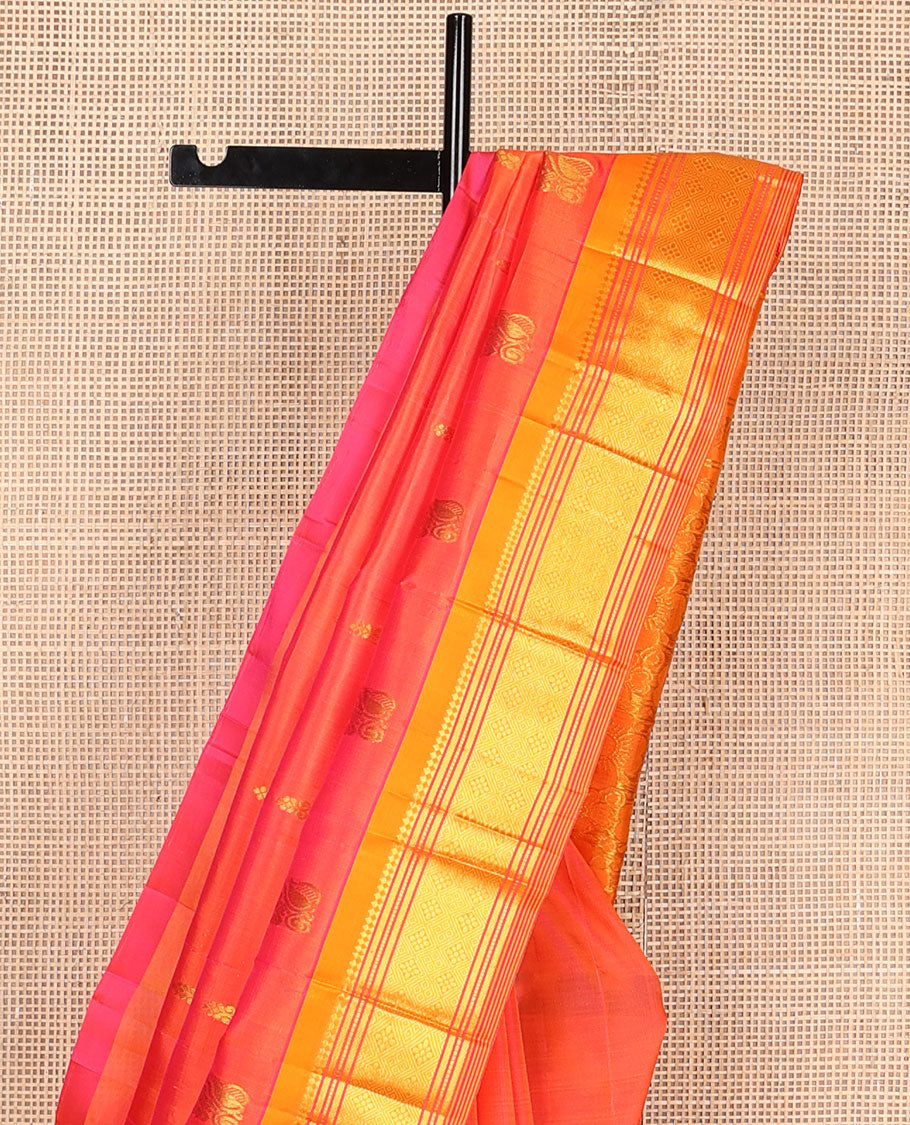 Orange zari buttas kanchipuram silksaree, contrast one-sided border of paneer sombu,banaras,muthu & jaal & floral design pallu