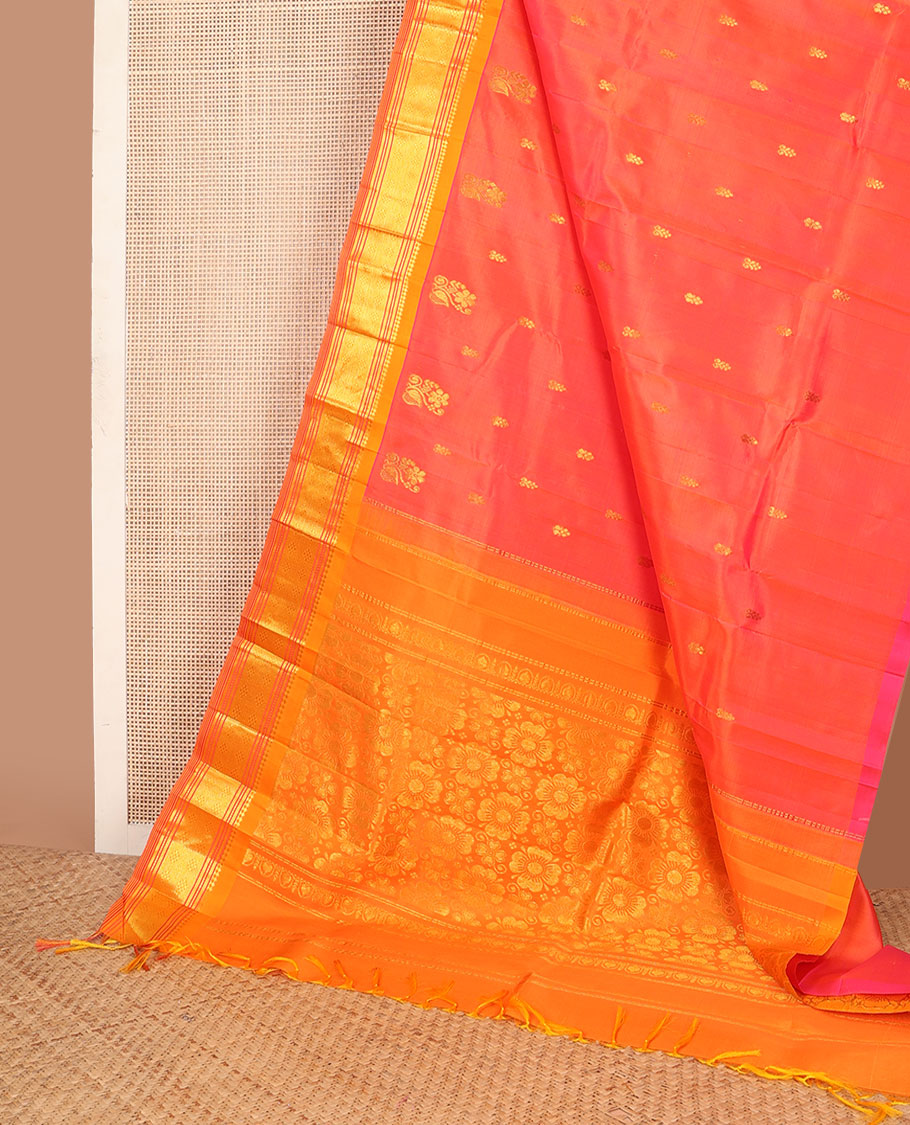 Orange zari buttas kanchipuram silksaree, contrast one-sided border of paneer sombu,banaras,muthu & jaal & floral design pallu