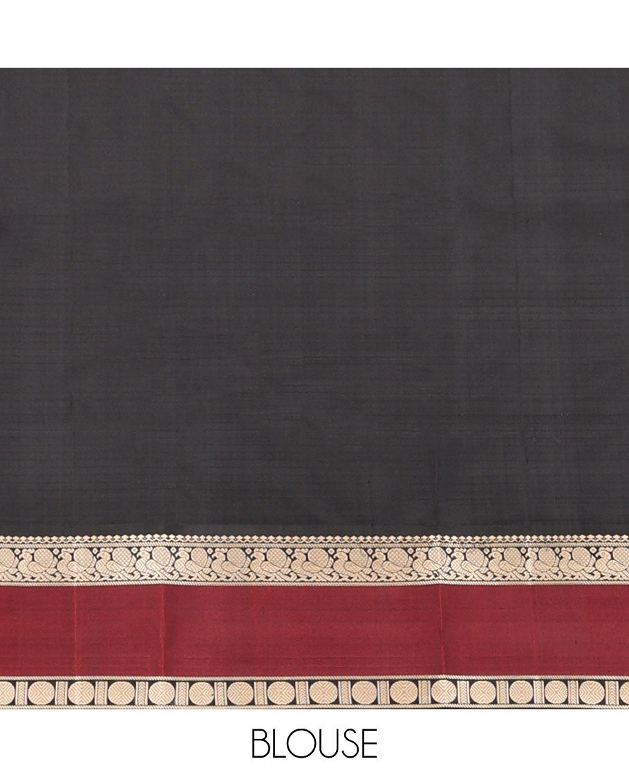 Yellow micro-checked & buttas kanchipuram silk saree, contrast rettai pettu border of salngai,banaras,mayil & rudraksham & seppu rekku pallu