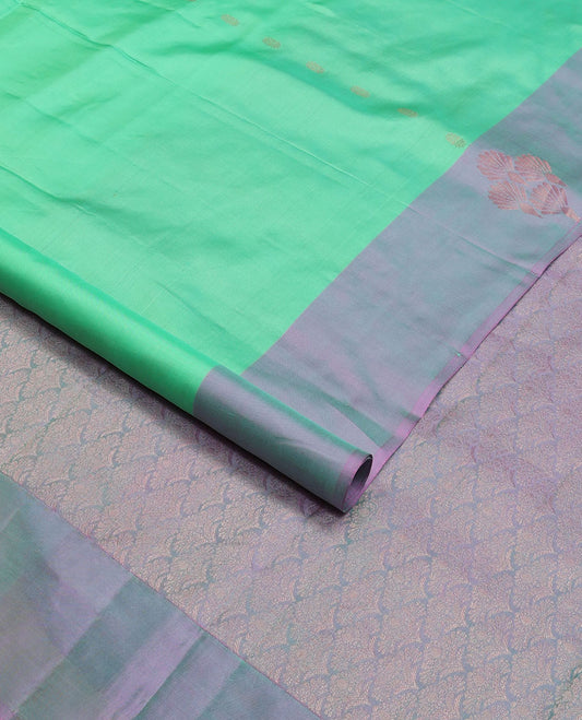 Turquoise zari buttas Kanchipuram silk saree, contrast zari design border & pallu of ogee pattern