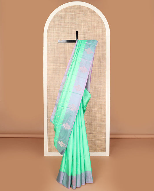 Turquoise zari buttas Kanchipuram silk saree, contrast zari design border & pallu of ogee pattern