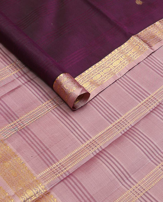 Purple checked & chakram buttas silk saree, contrast border of thazampoo rekku,neli,banaras & rudraksham & zari design pallu
