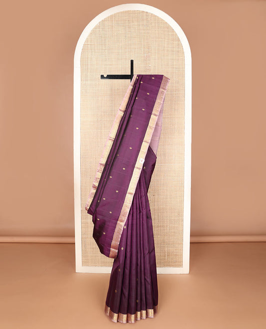 Purple checked & chakram buttas silk saree, contrast border of thazampoo rekku,neli,banaras & rudraksham & zari design pallu