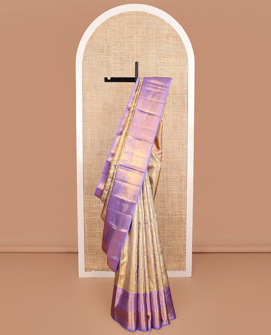 Yellow Kanchipuram Tissue Silk Saree, Embellished with Jacquard Design on Its Body, Complemented by a Contrast Border of Thilakam, Muthu, Kodi Visiry, Laddu Kamalam, and Mayil Kann Designs, Meticulously Crafted Pallu, and Paired with a Contrast Blouse