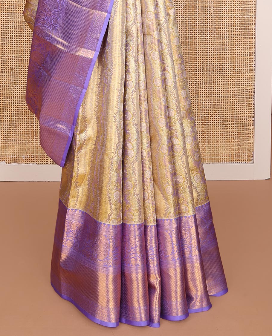 Yellow Kanchipuram Tissue Silk Saree, Embellished with Jacquard Design on Its Body, Complemented by a Contrast Border of Thilakam, Muthu, Kodi Visiry, Laddu Kamalam, and Mayil Kann Designs, Meticulously Crafted Pallu, and Paired with a Contrast Blouse