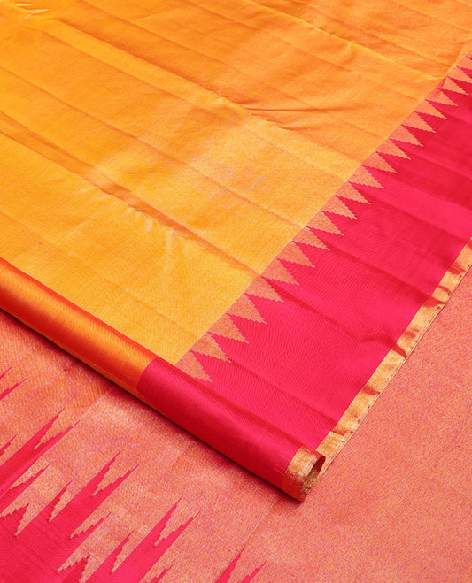 Yellow zari woven Kanchipuram silk saree,  contrast thazampoo rekku zari border, and zari elevated pallu of pillaiyar mokku design