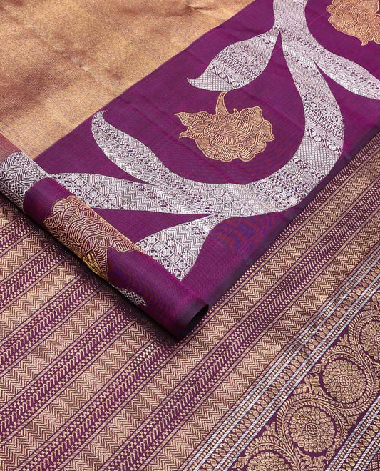 Antique gold Kanchipuram silk saree, contrast floral creeper zari border, and pallu of muthu, banaras, vanki, manga, and kodi visiry designs
