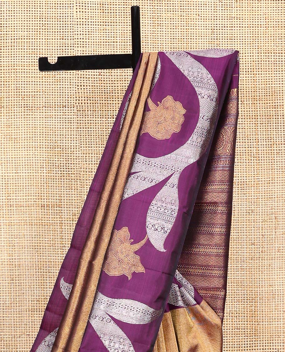 Antique gold Kanchipuram silk saree, contrast floral creeper zari border, and pallu of muthu, banaras, vanki, manga, and kodi visiry designs
