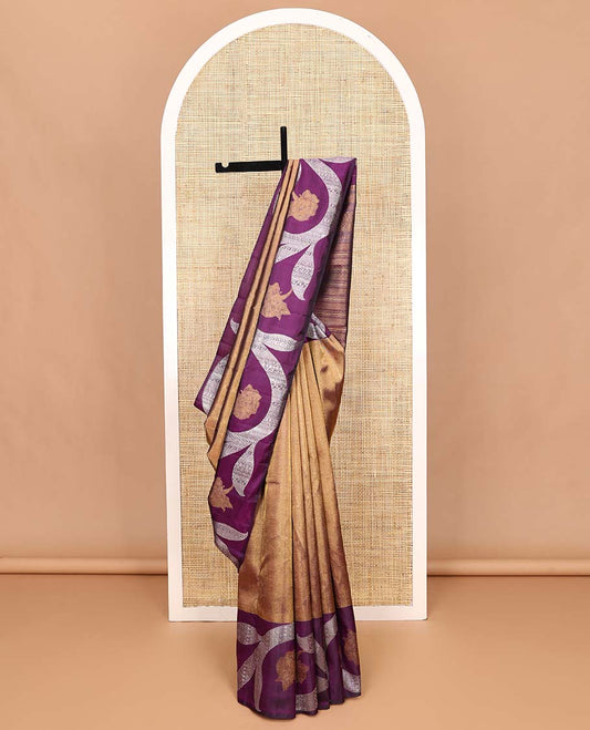 Antique gold Kanchipuram silk saree, contrast floral creeper zari border, and pallu of muthu, banaras, vanki, manga, and kodi visiry designs