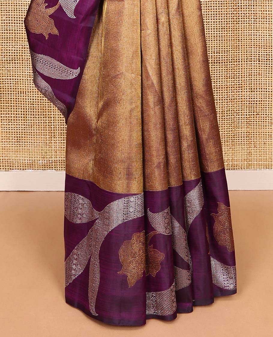 Antique gold Kanchipuram silk saree, contrast floral creeper zari border, and pallu of muthu, banaras, vanki, manga, and kodi visiry designs