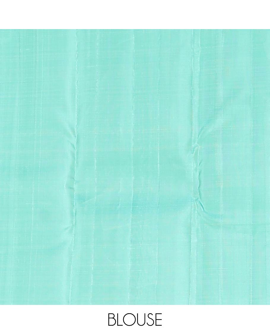 Borderless turquoise mayil and floral design Kanchipuram designer saree, zari-rich jaal pallu