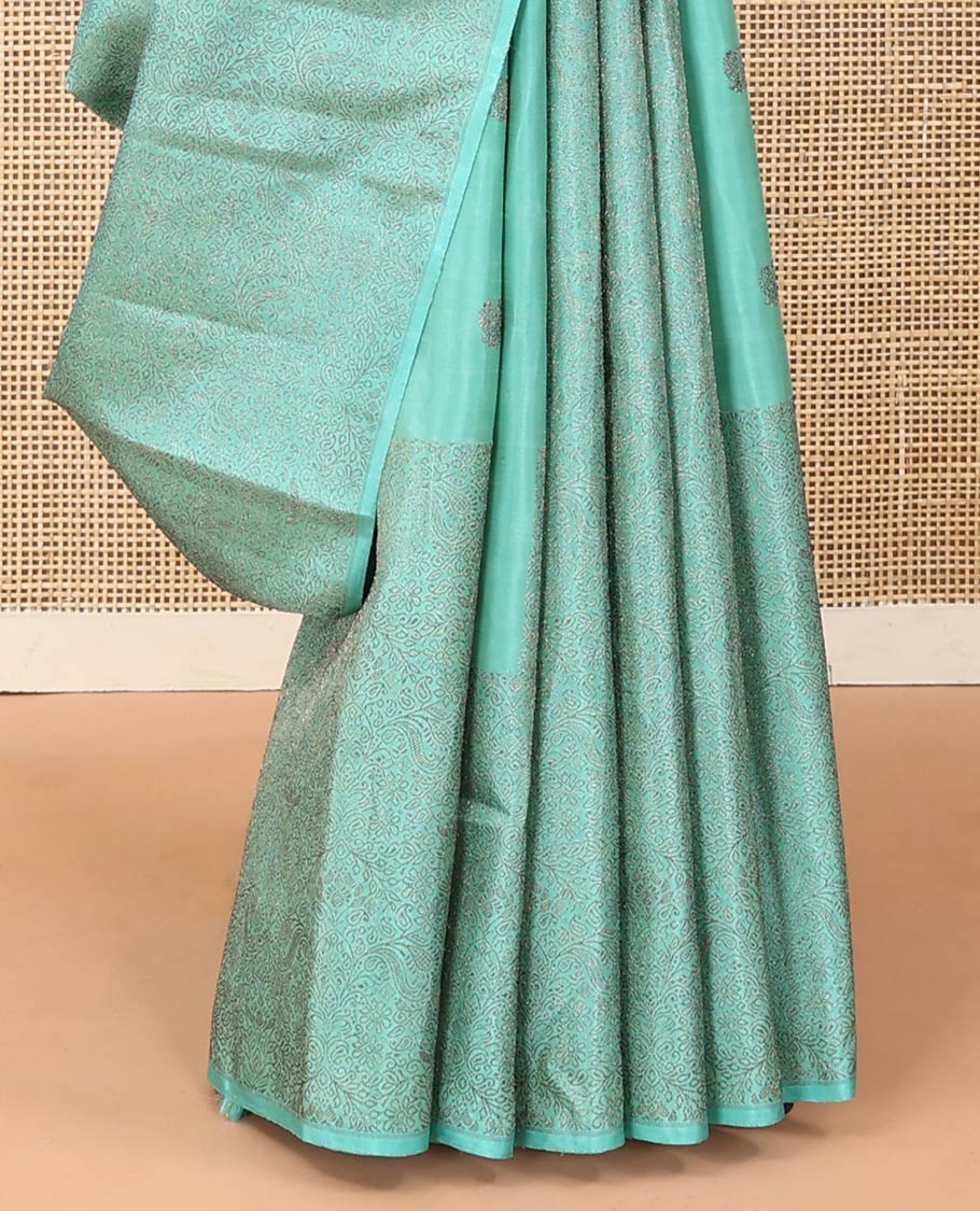 Borderless turquoise mayil and floral design Kanchipuram designer saree, zari-rich jaal pallu