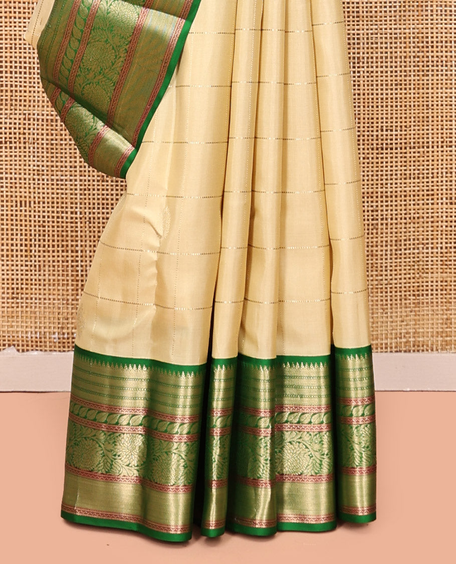 Sandal Kanchipuram Silk Saree, Sparsely Woven with Zari Buttas and Stripes, Contrast Border of Rekku, Muthu, Neli, and Kodi Visiry Designs, Pallu of Jaal Design, and a Contrast Blouse