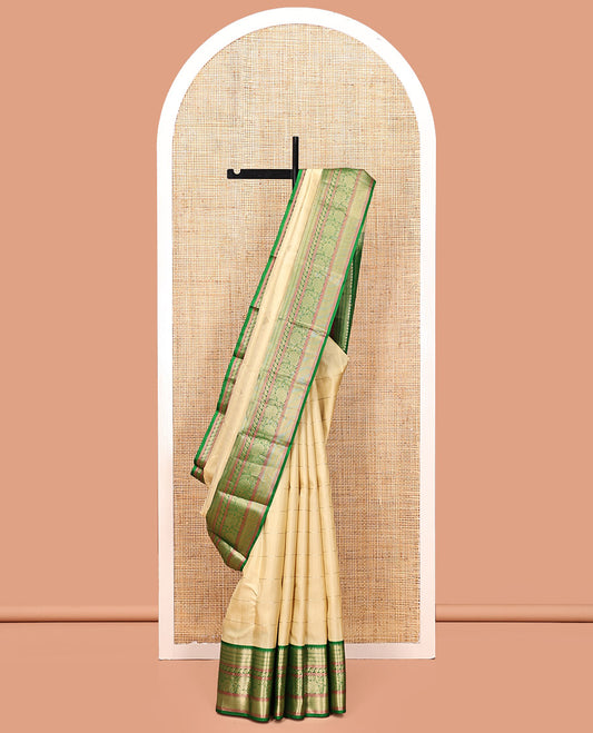 Sandal Kanchipuram Silk Saree, Sparsely Woven with Zari Buttas and Stripes, Contrast Border of Rekku, Muthu, Neli, and Kodi Visiry Designs, Pallu of Jaal Design, and a Contrast Blouse
