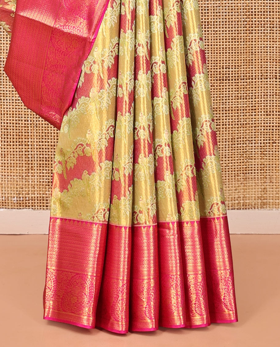 Green Kanchipuram Tissue Silk Saree, Gracefully Embellished with Floral Jacquard, Complemented by a Contrast Border, Jaal Pallu, and a Contrast Blouse