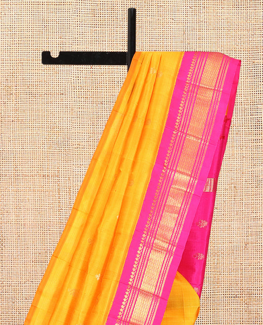 Orange Zari Buttas Kanchipuram Silk Saree, Complemented by a Contrast Korvai Border of Panner Sombu, Muthu, Banaras, and Geometric Design, Pallu of Zari Design, and No Blouse