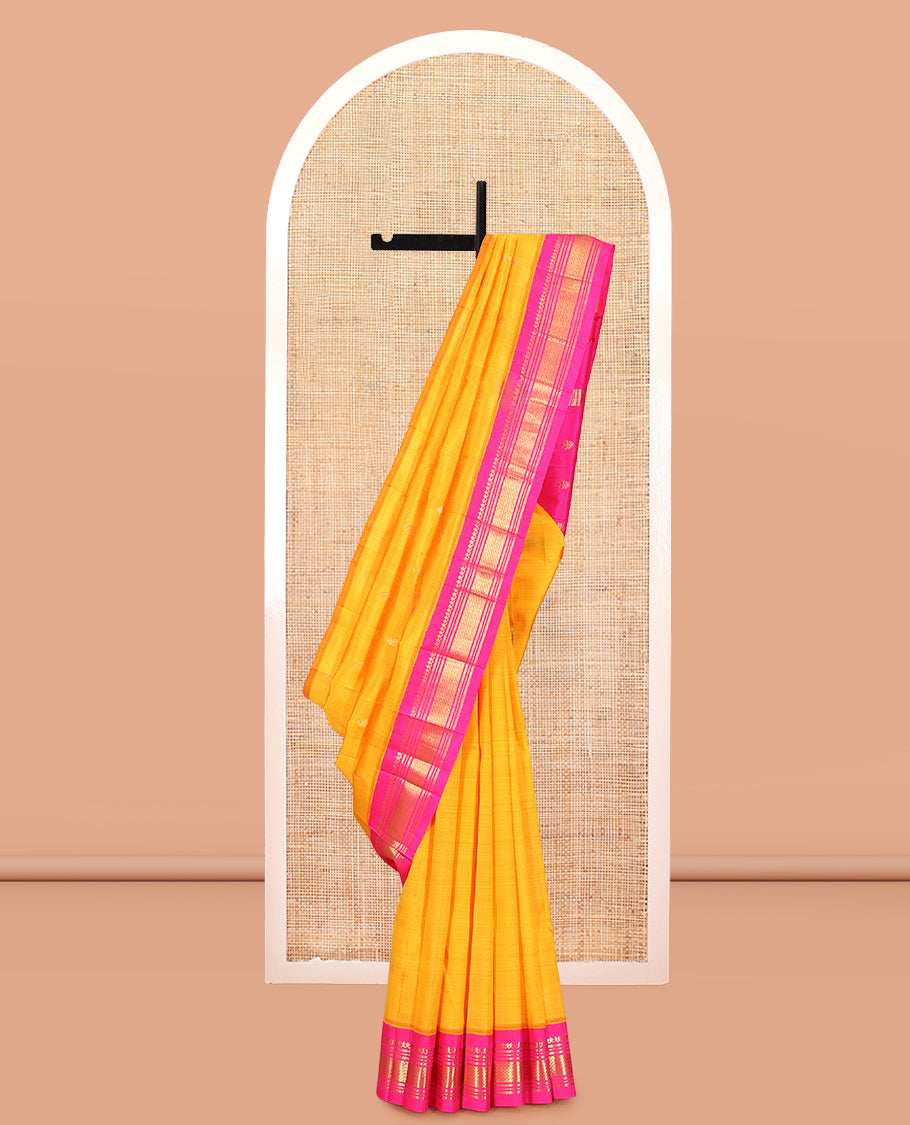 Orange Zari Buttas Kanchipuram Silk Saree, Complemented by a Contrast Korvai Border of Panner Sombu, Muthu, Banaras, and Geometric Design, Pallu of Zari Design, and No Blouse