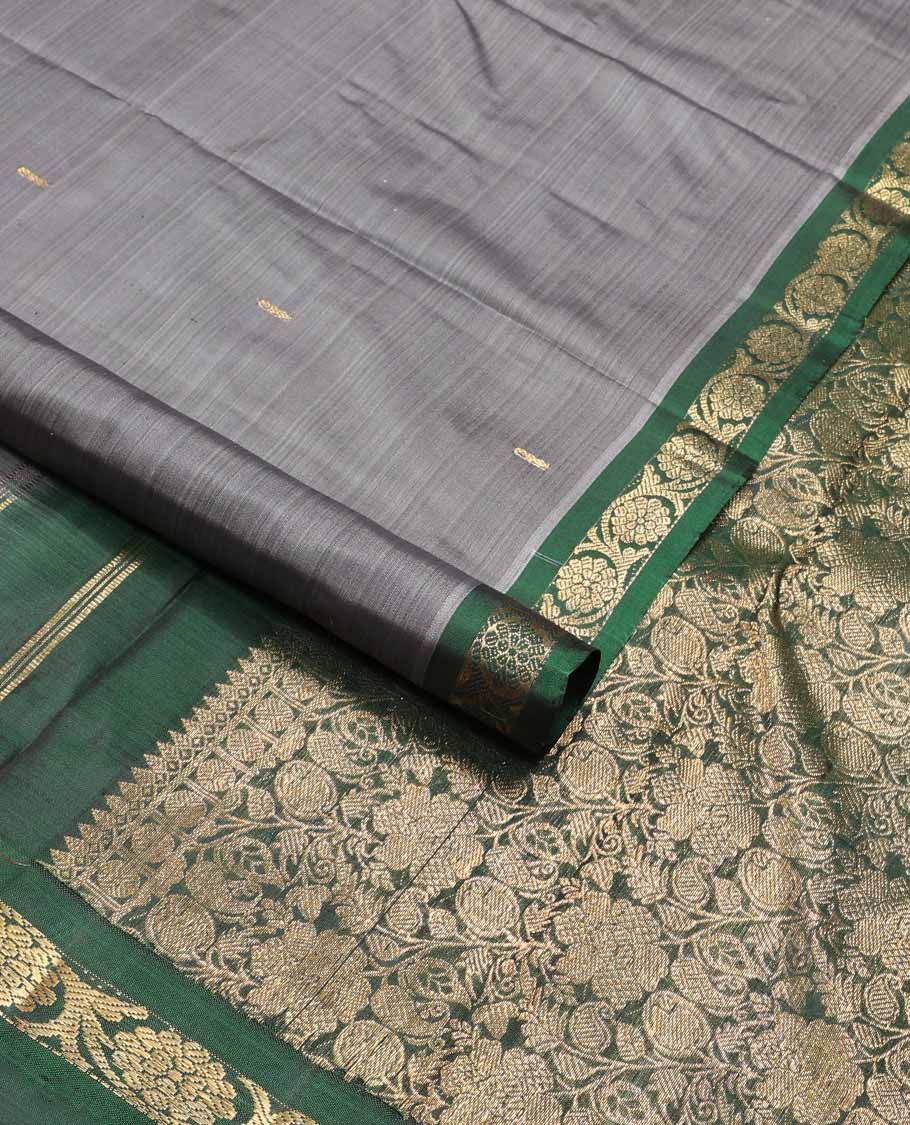 Grey buttas kancheepuram silk saree contrast border of poo chakram design & floral jaal design pallu