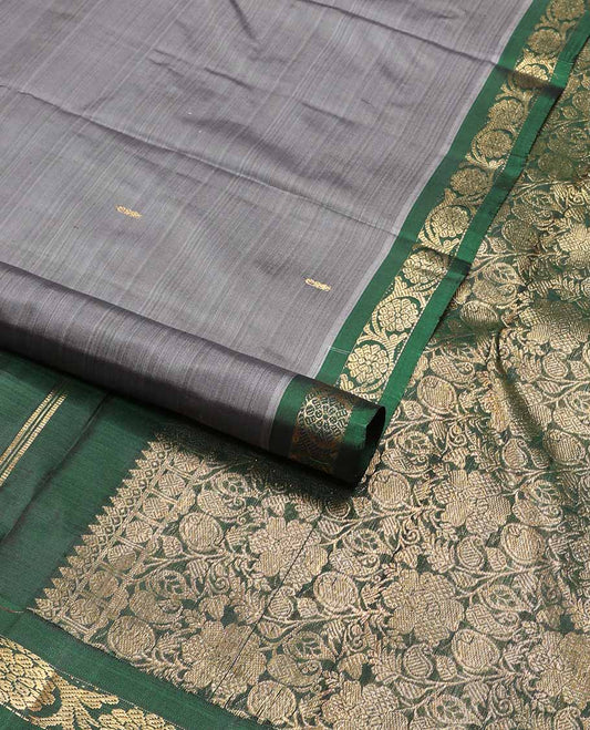 Grey buttas kancheepuram silk saree contrast border of poo chakram design & floral jaal design pallu