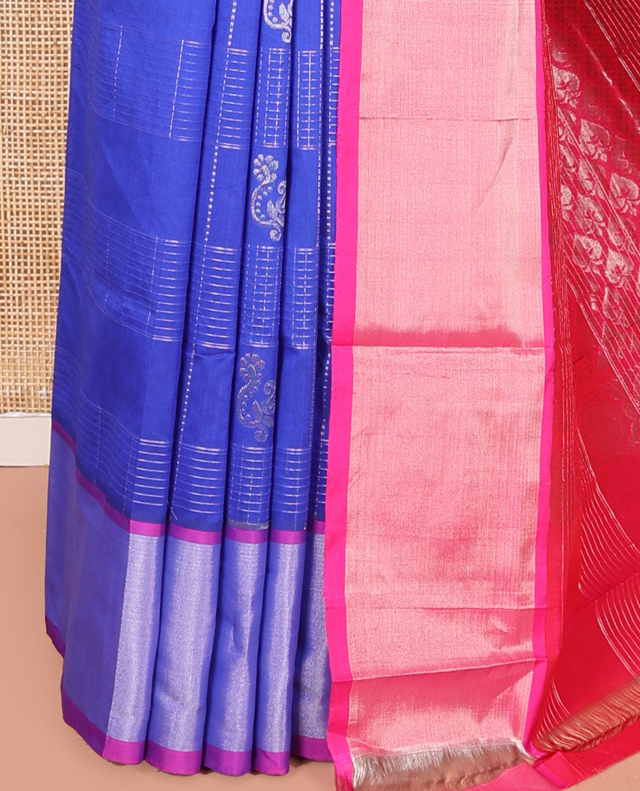 Blue Kuppadam Cotton Saree, Accentuated with Butta Enclosed Checks All Over Its Body, Complemented by a Bavanji Border, Contrast Pallu of Jaal Designs, and Paired with a Contrast Blouse