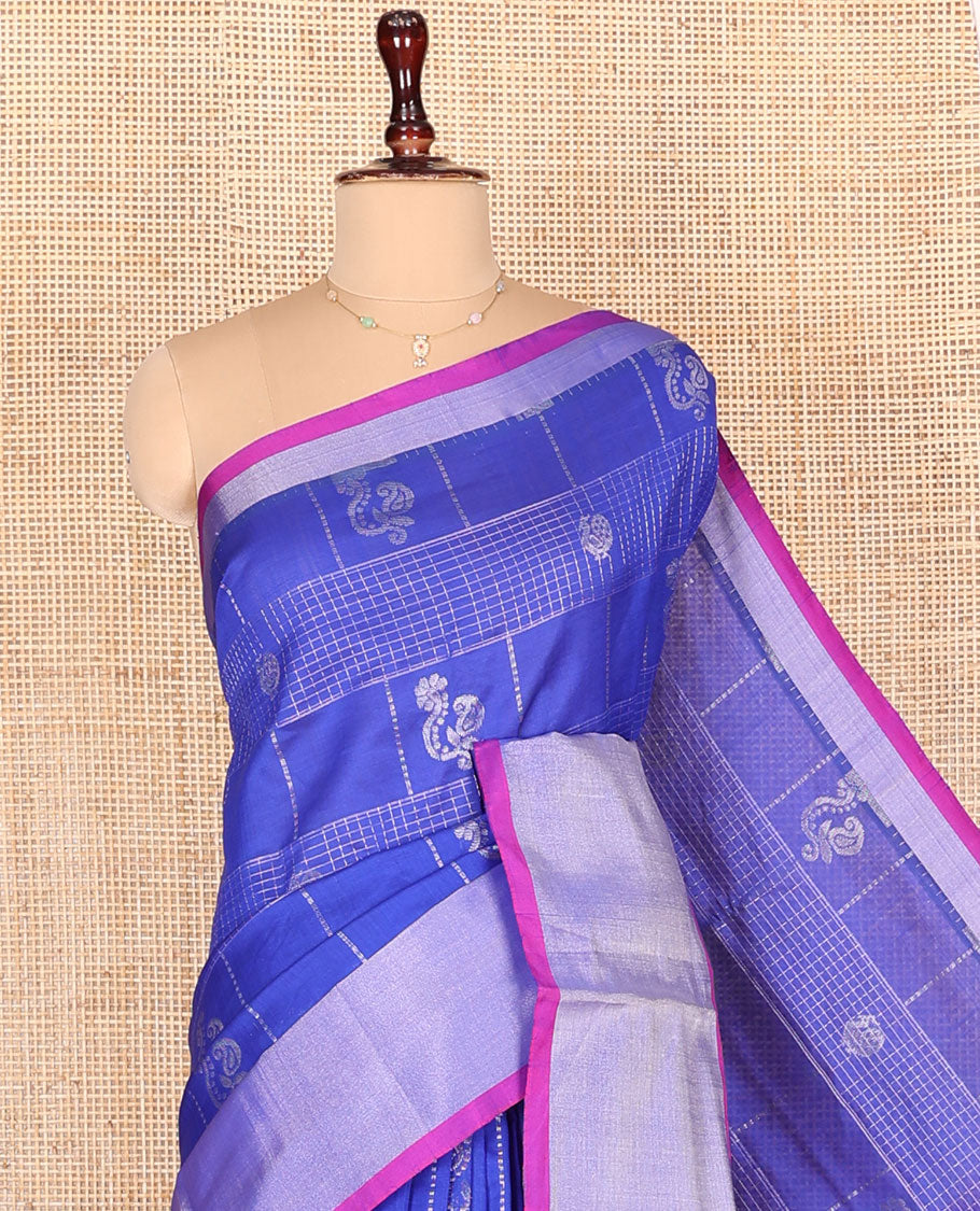 Blue Kuppadam Cotton Saree, Accentuated with Butta Enclosed Checks All Over Its Body, Complemented by a Bavanji Border, Contrast Pallu of Jaal Designs, and Paired with a Contrast Blouse