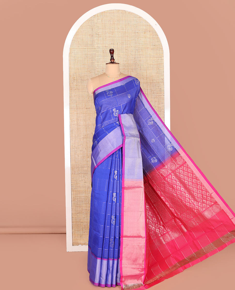 Blue Kuppadam Cotton Saree, Accentuated with Butta Enclosed Checks All Over Its Body, Complemented by a Bavanji Border, Contrast Pallu of Jaal Designs, and Paired with a Contrast Blouse