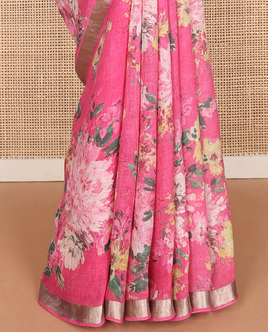 Pink floral motifs printed linen saree, zari border & pallu of stripes