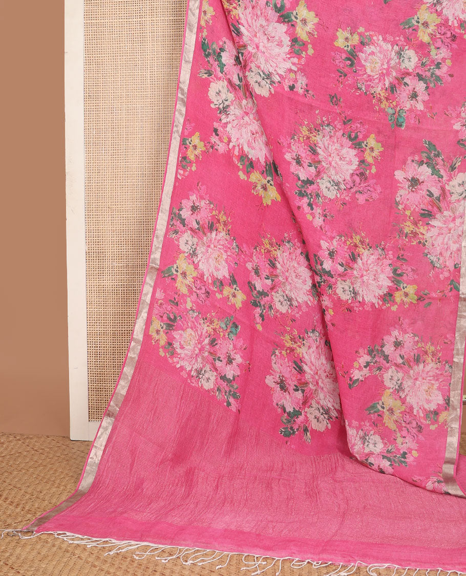 Pink floral motifs printed linen saree, zari border & pallu of stripes