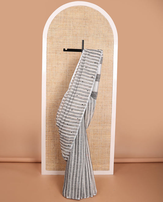 Borderless white with black striped linen saree with striped pallu