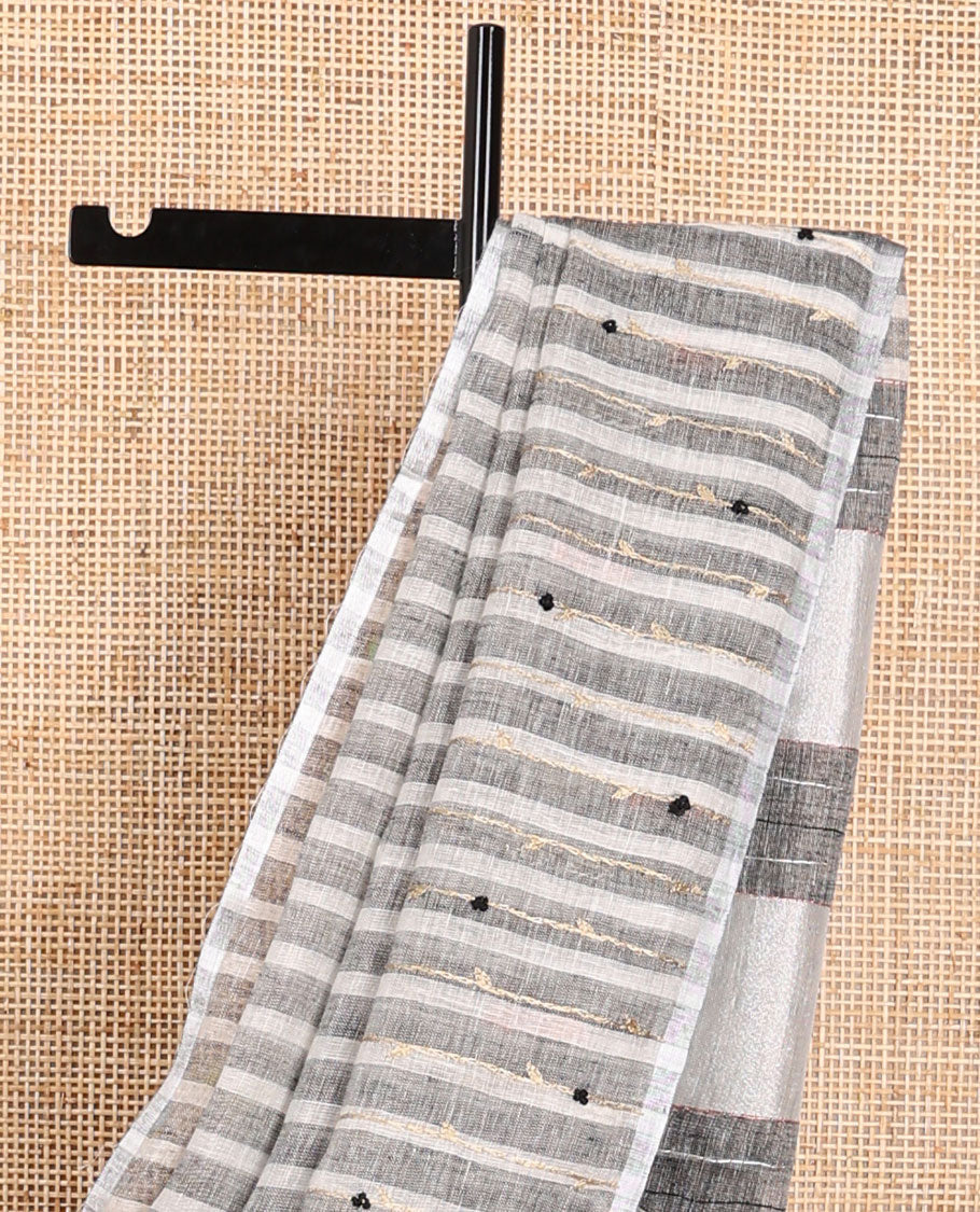 Borderless white with black striped linen saree with striped pallu