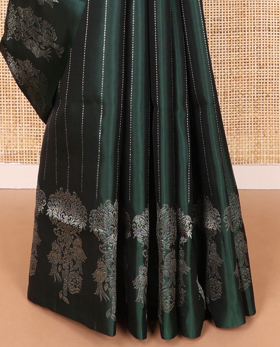 Bottle green striped mayuri soft silk saree with self floral design border & striped pallu