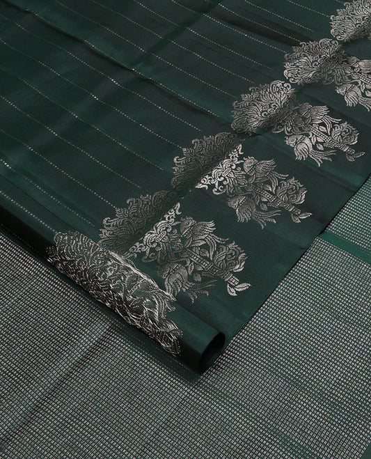 Bottle green striped mayuri soft silk saree with self floral design border & striped pallu