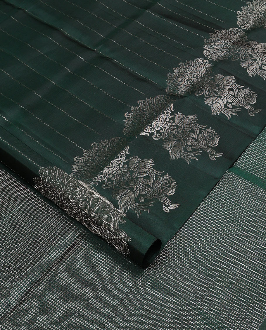 Bottle green striped mayuri soft silk saree with self floral design border & striped pallu