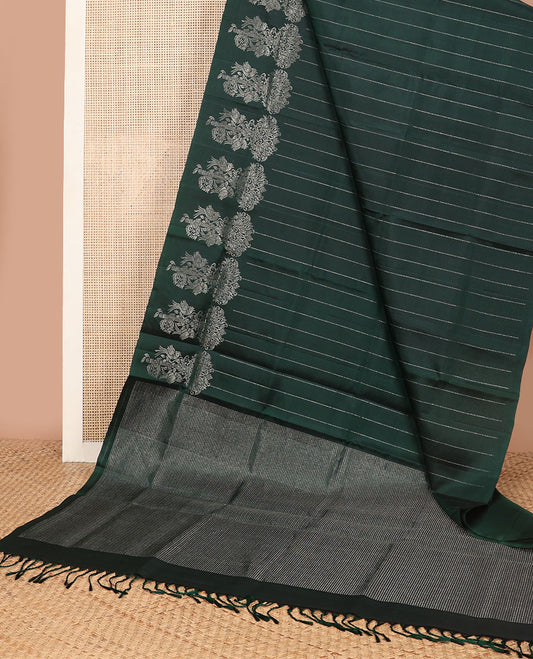 Bottle green striped mayuri soft silk saree with self floral design border & striped pallu