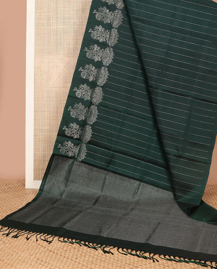 Bottle green striped mayuri soft silk saree with self floral design border & striped pallu