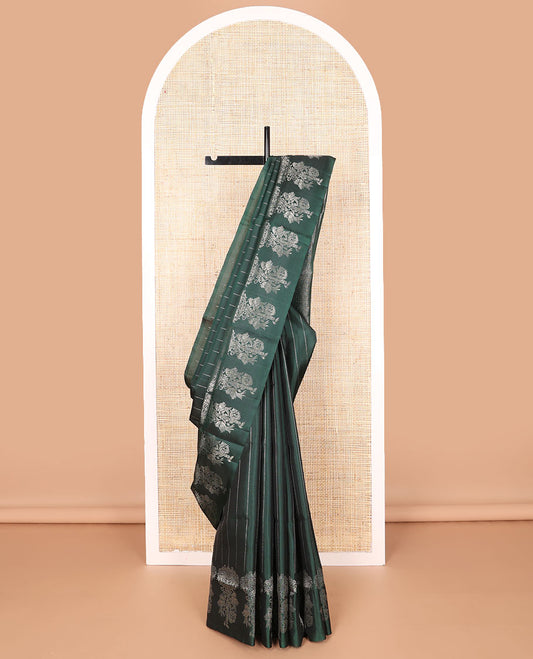 Bottle green striped mayuri soft silk saree with self floral design border & striped pallu