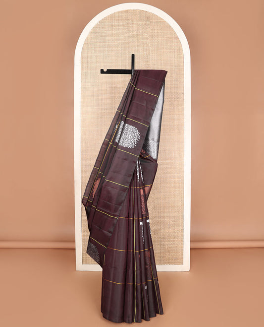 Borderless chocolate brown soft silk saree with cloud-snow flakes theme buttas, zari-rich intricate pallu