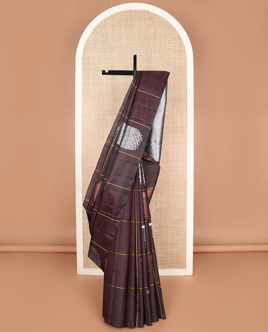 Borderless chocolate brown soft silk saree with cloud-snow flakes theme buttas, zari-rich intricate pallu