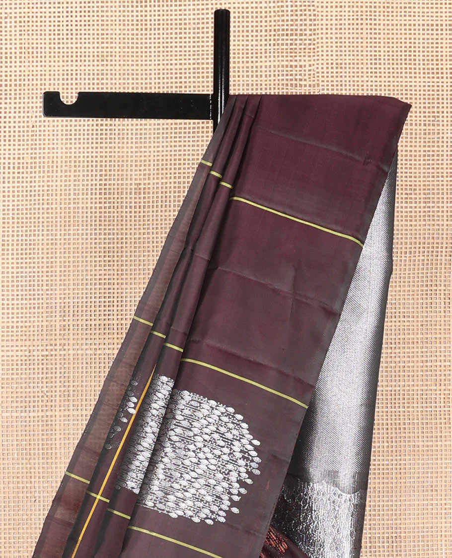 Borderless chocolate brown soft silk saree with cloud-snow flakes theme buttas, zari-rich intricate pallu