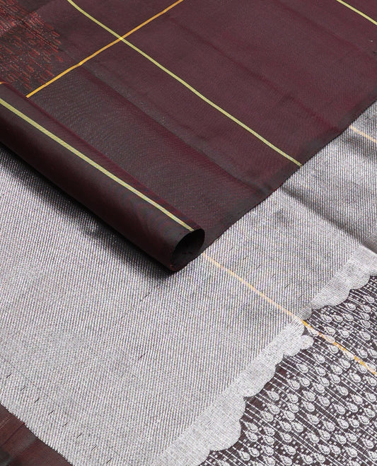 Borderless chocolate brown soft silk saree with cloud-snow flakes theme buttas, zari-rich intricate pallu
