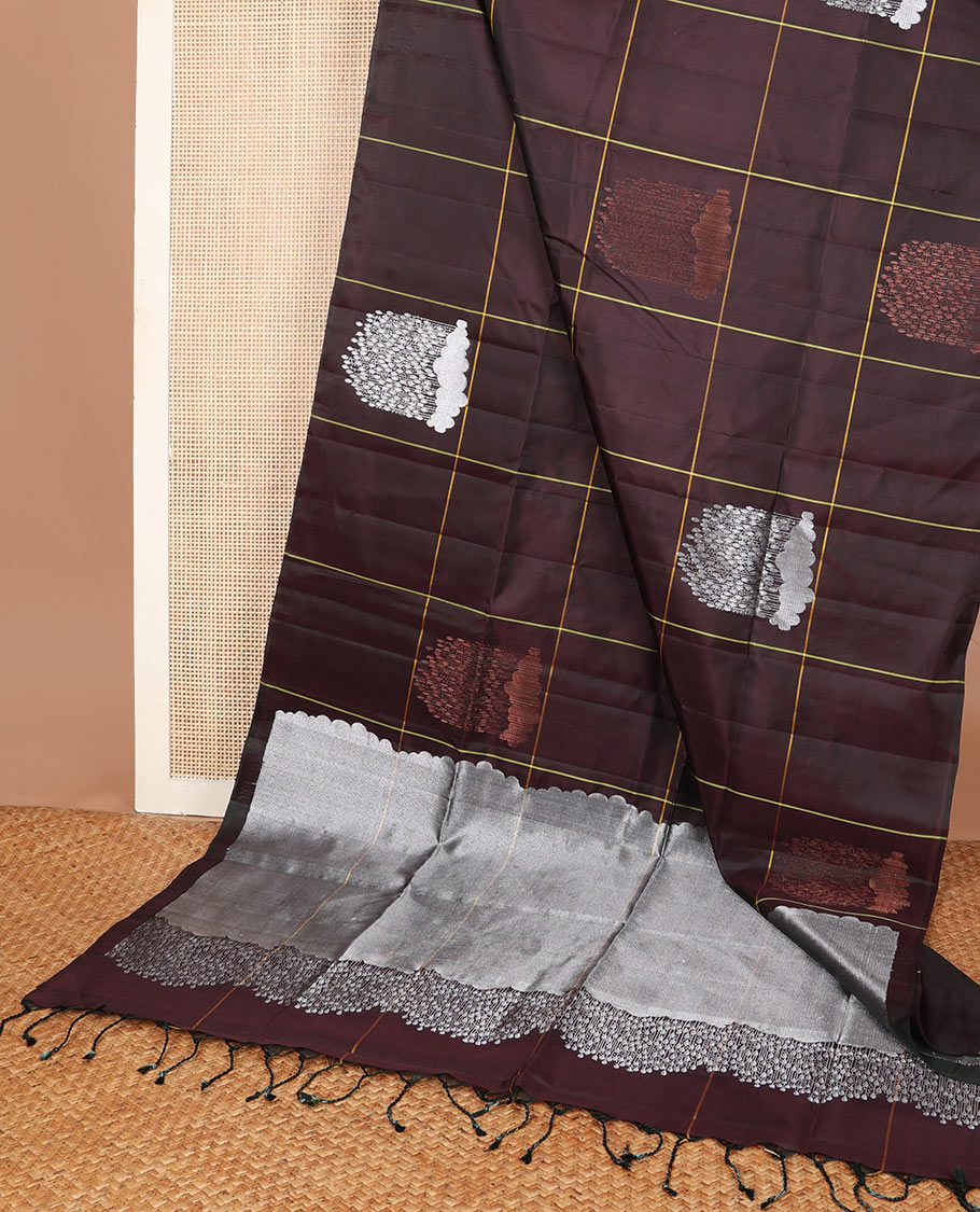Borderless chocolate brown soft silk saree with cloud-snow flakes theme buttas, zari-rich intricate pallu