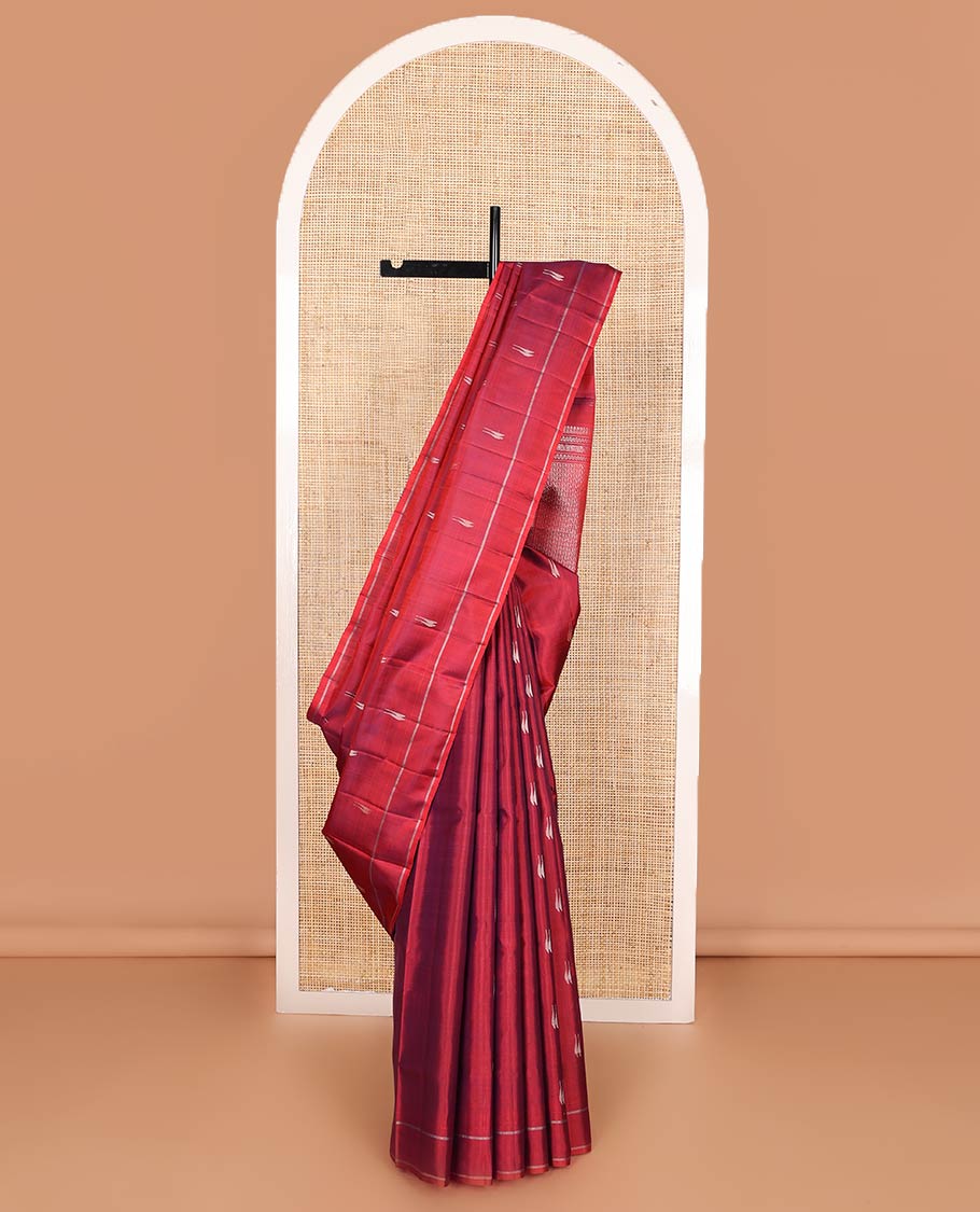 Red malli mokku buttas soft silk saree, rettai pettu border, and pallu of manga, neli, Greek key designs