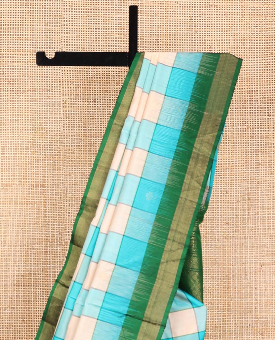 Multi-color bold checked soft silk saree, contrast Vaira Oosi border, and pallu of geometric patterns