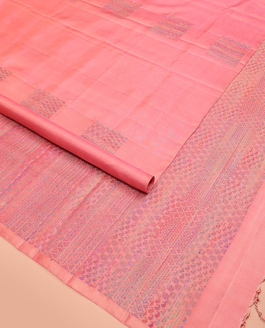 Borderless pink soft silk saree features manga and rudraksham motifs, and self-pallu steeped with manga and rudraksham motifs