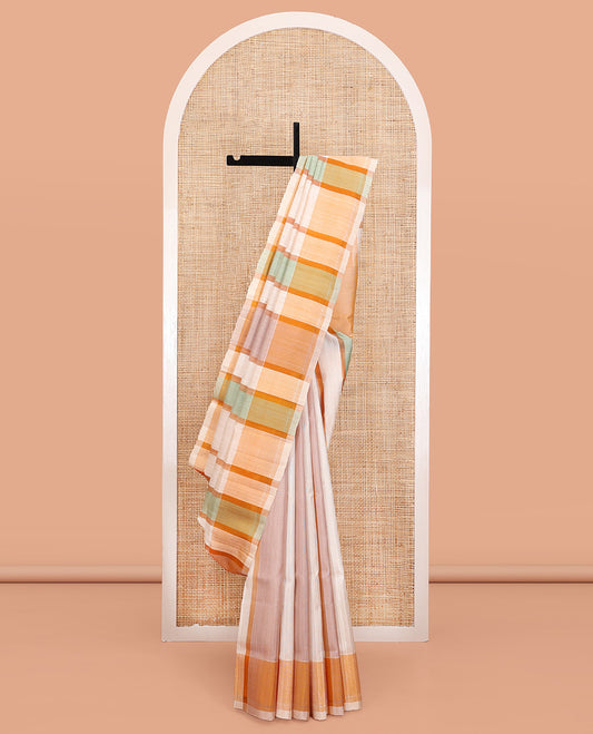 Cream-Base Mayuri Soft Silk Saree, Delicately Woven with Multi-Color Stripes on Its Body, Complemented by a Sparse Pallu of Thazampoo Rekku Designs, and Paired with a Matching Blouse
