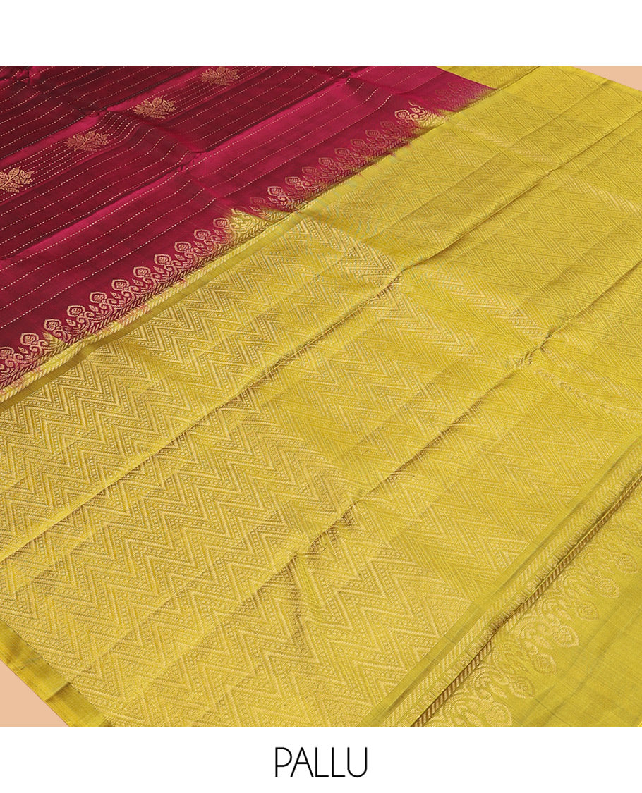 Red Mayuri Lite Silk Mix Saree, Gleamed Up with Zari Buttas and Stripes, Contrast Border, Chevron Striped Pallu, and a Contrast Blouse